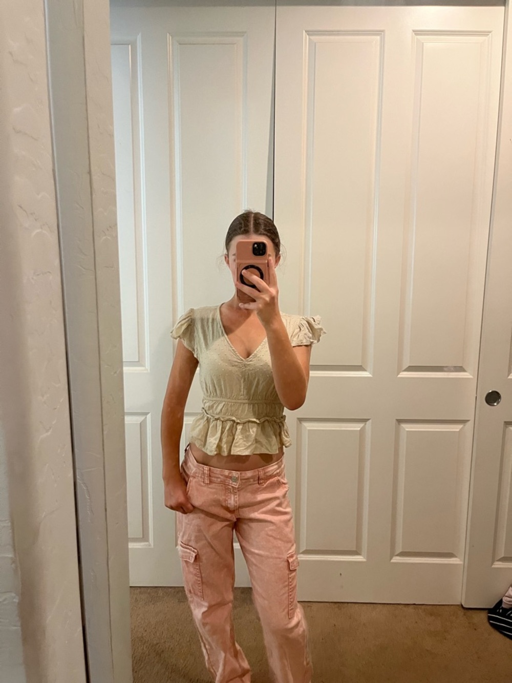 Light Cream V-Neck Ruffle Peplum Top